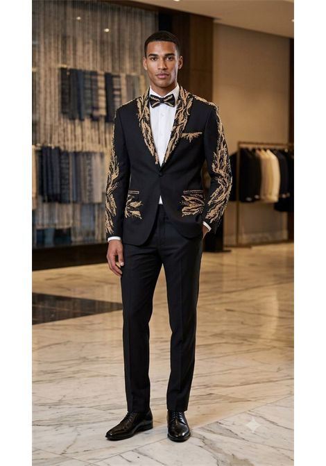 Abito Tre Pezzi Aurum Luxury  Smoking Sartoriale Nero con Preziosi Ricami in Filo d'Oro RAbin | Abiti | ABITO FOGLIENERO/ORO